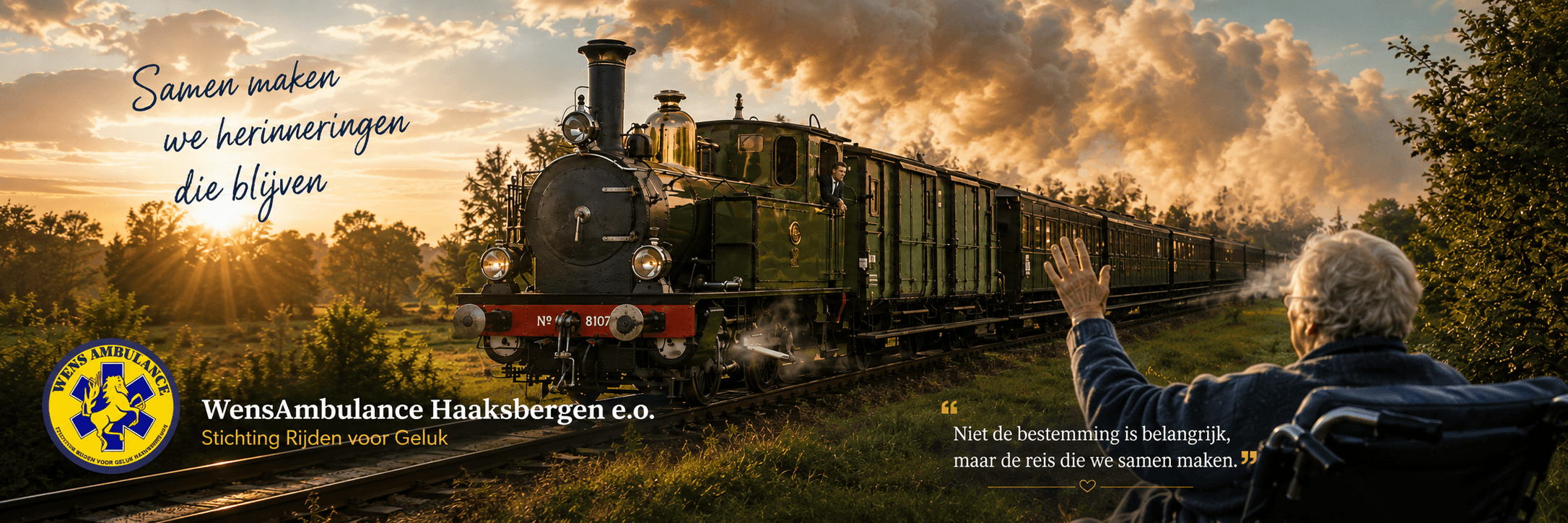 Stoomtrein bij zonsondergang met een zwaaiende gast in een rolstoel - Samen maken we herinneringen die blijven