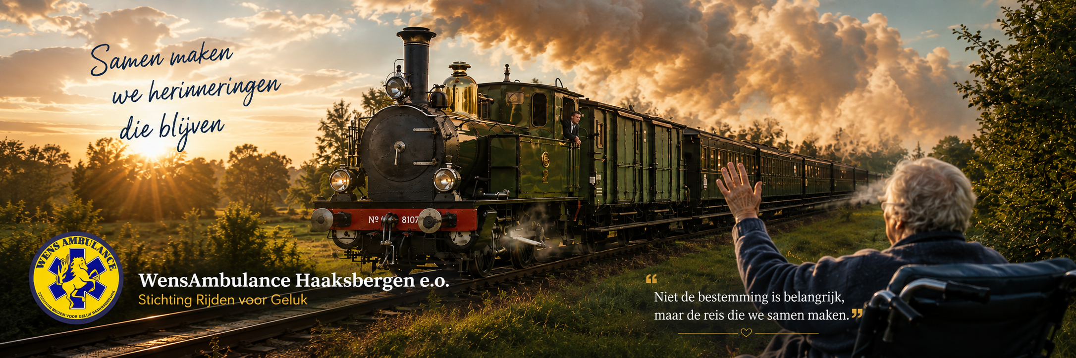 Stoomtrein bij zonsondergang met een zwaaiende gast in een rolstoel - Samen maken we herinneringen die blijven
