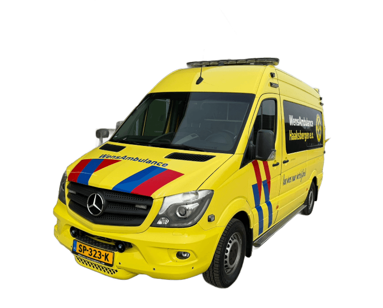 Onze eigen WensAmbulance uit Haaksbergen, een gele Mercedes Sprinter met rood-blauwe striping